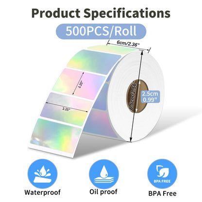 Phomemo 2.25 * 1.25 Holographic Silver Thermal Labels, Self-Adhesive Sticker Label, Square Direct Thermal Label for Thanks Card, Logo, Name, Price, Address, QR Code, 500 Labels, Laser Multicolor