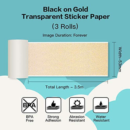 Phomemo Adhesive Transparent Gold Thermal Film Self-Adhesive Sticker Roll Paper for Phomemo M02 / M02S / M03 / M04S Portable Mini Bluetooth Printer, 53mm x 3.5m, 3 Rolls