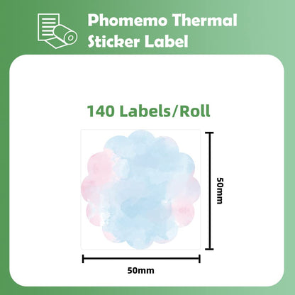 Phomemo wavy round circle label, thermal labels for price, name, address, logo, barcode, M110 M120 M200 M220, 50 x 50 mm, blue and pink gradient (1 roll)