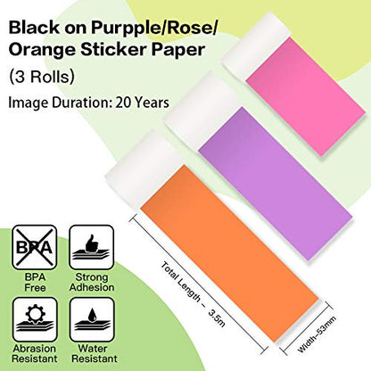 Phomemo Colorful Thermal Sticker Paper for Phomemo M02/M02 Pro/M02S/M03 Mini Printer, Black Character on Purpple/Rose/Orange, 50mm x 3.5m, Diameter 30mm, 3 Rolls
