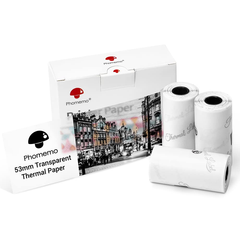 Phomemo Przezroczysty papier 53 mm, kompatybilny z M02, M02S, M02Pro, M03, M03AS, M04S, M04AS Mini drukarka kieszonkowa, 3 rolki samoprzylepnego przezroczystego papieru z naklejkami termicznymi, 53 mm