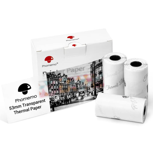 Phomemo Przezroczysty papier 53 mm, kompatybilny z M02, M02S, M02Pro, M03, M03AS, M04S, M04AS Mini drukarka kieszonkowa, 3 rolki samoprzylepnego przezroczystego papieru z naklejkami termicznymi, 53 mm