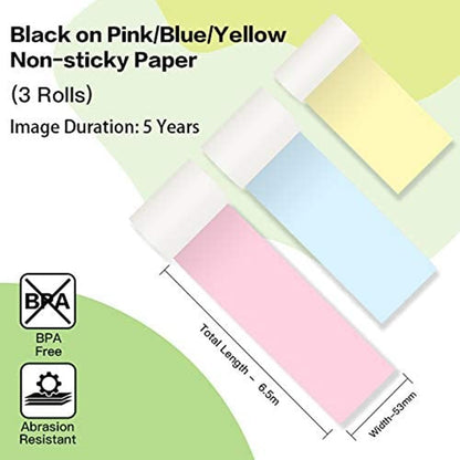Phomemo Papel T¨¦rmico No Adhesivo Multicolor para Impresora de Bolsillo Phomemo M02, M02PRO, M02S, M03, M03AS, M04S, M04AS, Amarillo/Azul/Rosa, 53 mm x 6,5 m, 3 Rollos
