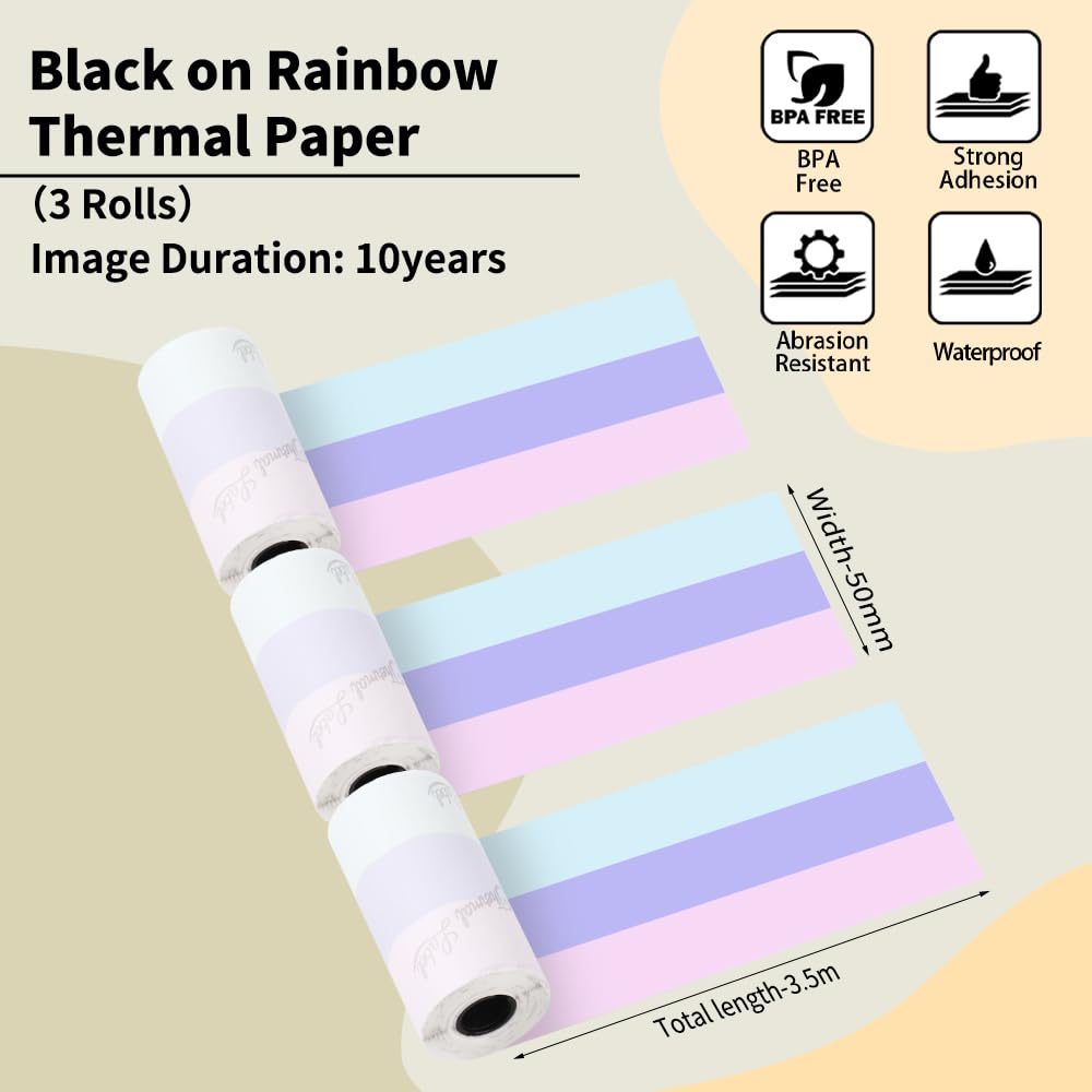 Phomemo-Papier-10-Jahre-Regenbogen-selbstklebendes Papier, M02/M02Pro/M02S/M03/M03AS/M04S/M04AS Mini-Aufkleber-Drucker-Papier, Mini-Taschen-thermisches Pinter-Papier, 3-Rollen