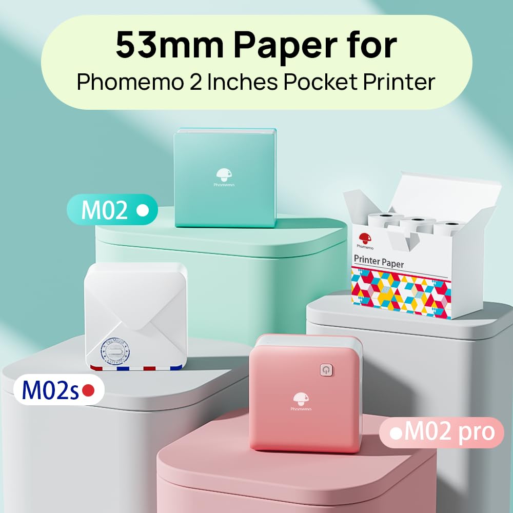 Papier thermique autocollant Phomemo pour mini imprimante thermique M02/M02S/M02Pro/M03/M03AS/M04S/M04AS, 53 mm x 3,5 m, papier imprimante blanc/transparent/semi-transparent, 3 rouleaux
