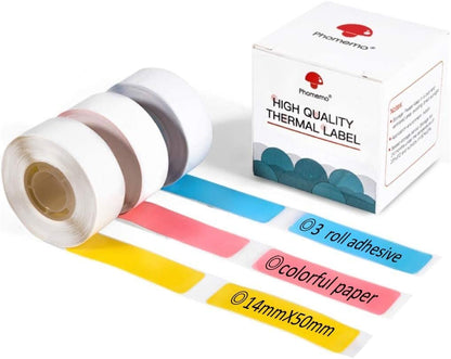 Phomemo D30 Label 14¡Á50mm-Adhesive Thermal Label Blue/Pink/Yellow, 130 Labels/Per Roll, 3roll, Used for Kitchen Marking, Expiration Date, File Classification and so on
