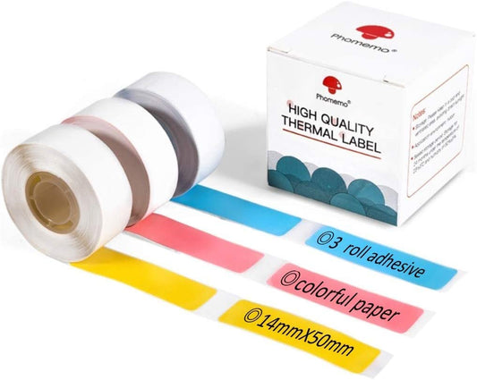 Phomemo D30 Label 14¡Á50mm-Adhesive Thermal Label Blue/Pink/Yellow, 130 Labels/Per Roll, 3roll, Used for Kitchen Marking, Expiration Date, File Classification and so on