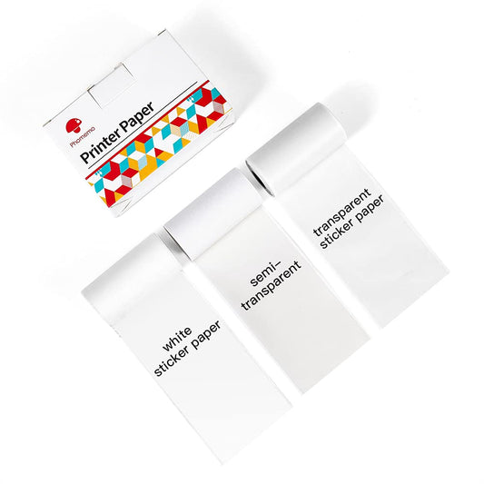 Phomemo Adhesive Thermal Sticker Paper, White/Transparent/Semi-Transparent Thermal Printer, for Phomemo M02 / M02S / M03 / M04S Bluetooth Thermal Pocket Printer, 50mm-53mm Width, 2.5m-3.5m Length