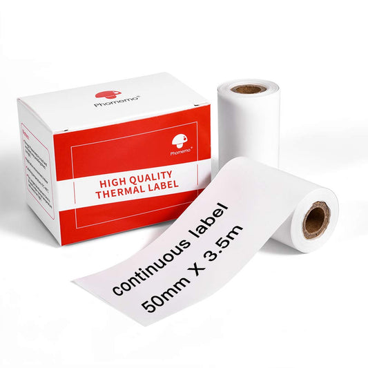 Phomemo 2 rollen warm continu etiket, zelfklevend eindeloos etiket, 50 mm x 3,5 m, compatibel met Phomemo M200 labelprinter, 3,5 m per rol, 2 rollen (thermisch continu label)