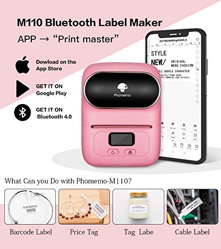 Label Printer - Phomemo-M110 Portable Bluetooth Thermal Mini Label Maker Machine, Sticker Maker, Barcode Printer, Apply to Labeling, Office, Cable, Retail, Compatible with Android & iOS System