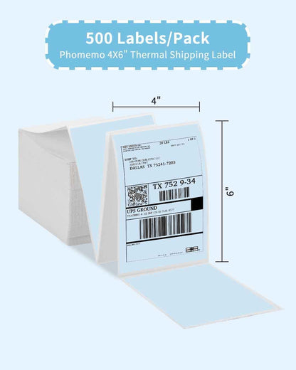 Phomemo Thermal Direct Shipping etiket, 500/Direct Thermo verzendlabels, 4 x 6 stickerpapier voor verzendverpakkingen, compatibel met thermische labelprinters, 500/thermische vouwetiketten