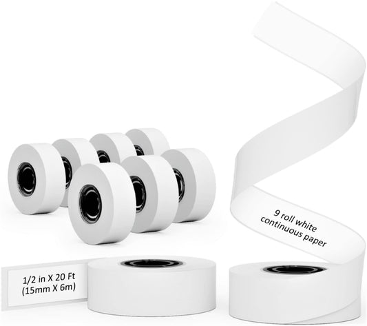 Phomemo 9 Roll D30 Adhesive White Continuous Thermal Label Paper 1/2 in X 20 Ft (15mm X 6m) Black on White, for Phomemo D30/D35 Label Maker