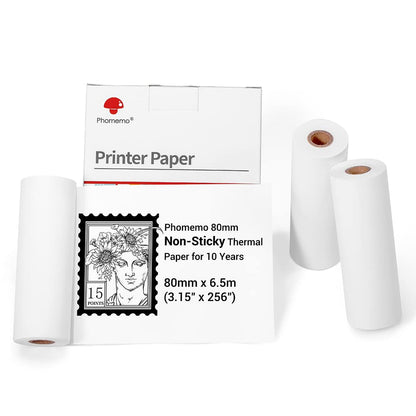 Phomemo 3.15'' (80mm) Non-Adhesive White Thermal Paper for M03/M03AS / M04S/M04AS, 80mmx6.5m, 10 Years Canning, Black on White, for Stickers, Diary Texts, Study Notes, 3
