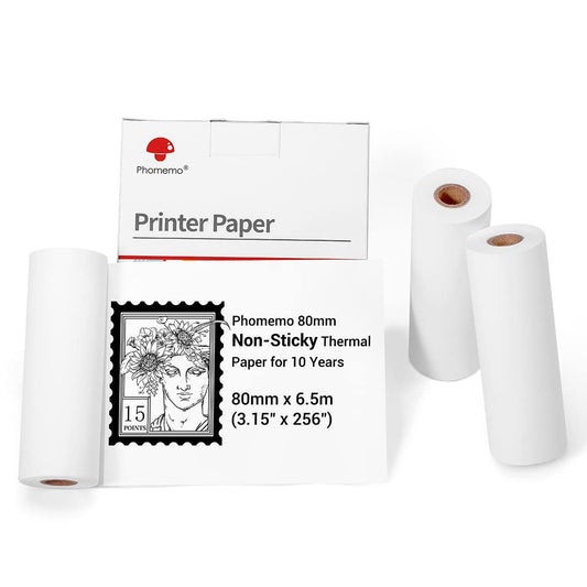 Phomemo 3.15'' (80mm) Non-Adhesive White Thermal Paper for M03/M03AS / M04S/M04AS, 80mmx6.5m, 10 Years Canning, Black on White, for Stickers, Diary Texts, Study Notes, 3