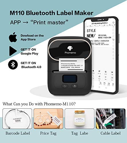 Label Maker - Phomemo M110 Portable Bluetooth Thermal Mini Label Maker Machine, Sticker Maker, Barcode Printer for Clothing, Jewelry, Retail, Mailing, Compatible with Android & iOS System