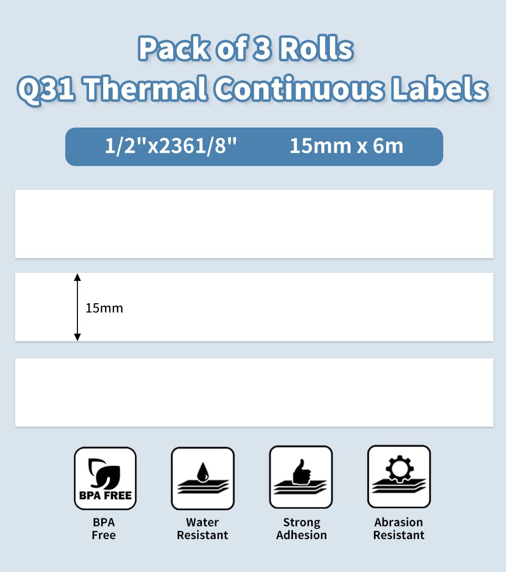 Endlosetiketten für Phomemo Q31/Q30S/Q30, Weiße Klebeetiketten 15mmx6m, BPA freie Aufkleber, etiketten endlos Kompatibel mit Colorwing Q30 Bluetooth Labelmaker- 3 Rollen
