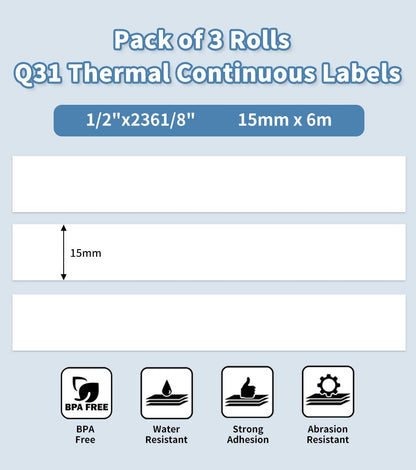 Endlosetiketten für Phomemo Q31/Q30S/Q30, Weiße Klebeetiketten 15mmx6m, BPA freie Aufkleber, etiketten endlos Kompatibel mit Colorwing Q30 Bluetooth Labelmaker- 3 Rollen
