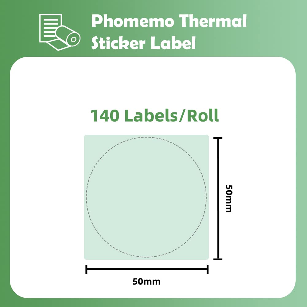 Phomemo - Etichette rotonde per stampante termica M110, M120, M200, M220, M221 per stampare prezzo, nome, indirizzo, logo, codice a barre, 50 x 50 mm, colore: verde (1 rotolo)