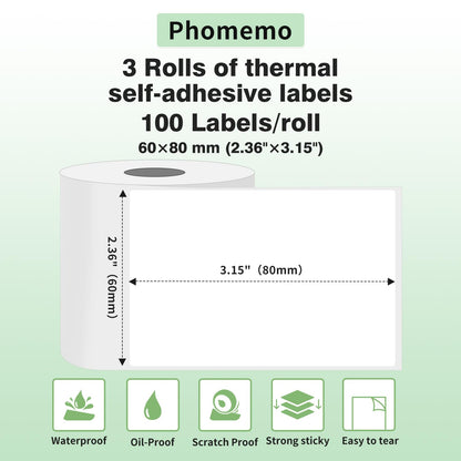 3 Rollen Phomemo M200 Etiketten, 3 Rollen 60 ¡Á 80 mm selbstklebende runde Etiketten,kompatibel mit Phomemo M200 M220 M221 Etikettendrucker, Warenetiketten, 3 Rollen 100 Etiketten/Rolle.