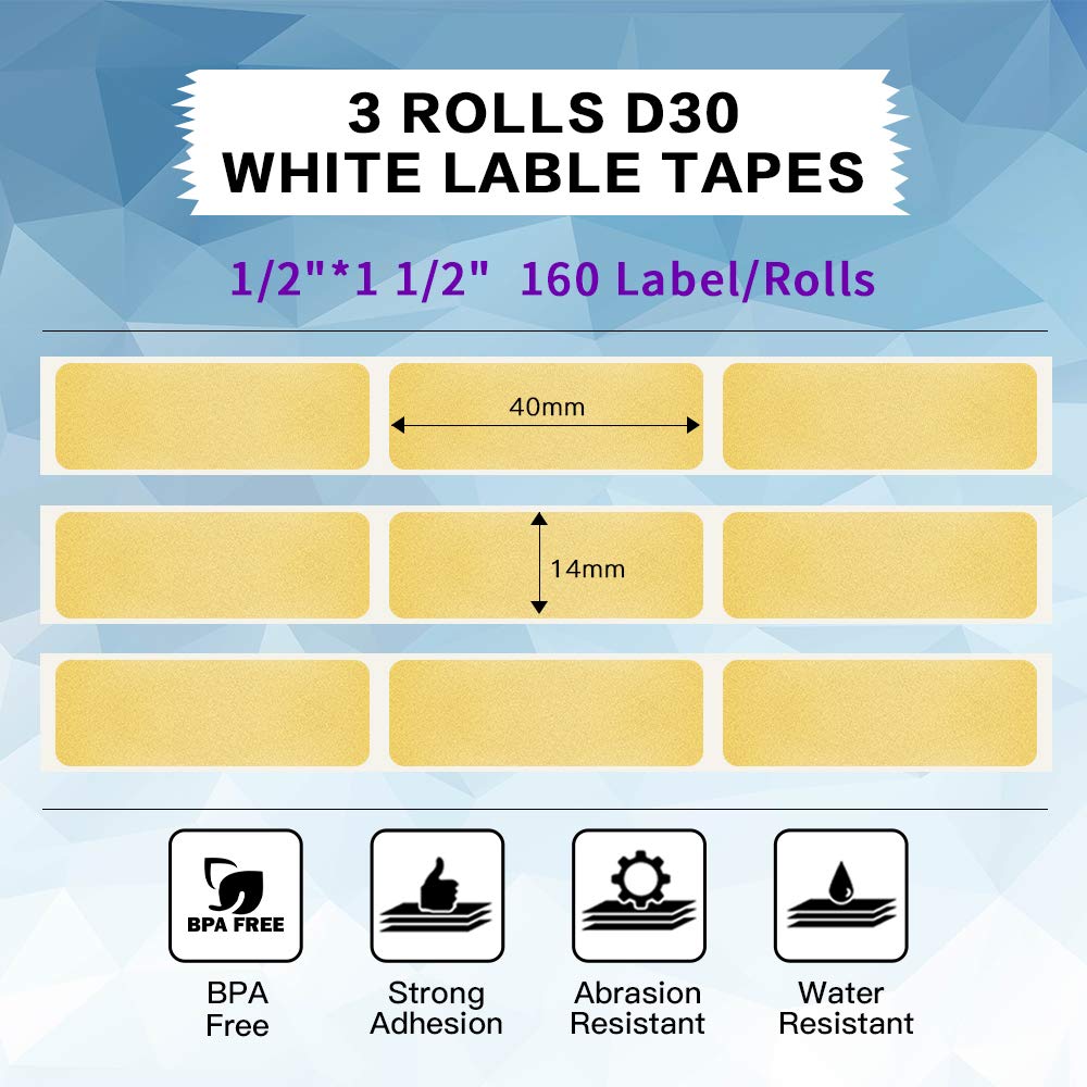 Phomemo 3 rouleaux d'étiquettes en poudre d'or papier pour thermiques autocollantes,14mm*40mm,compatible avec Phomemo D30 l'imprimante d'étiquettes.160 / rouleau,3 rouleaux(poudre d'or transparente)