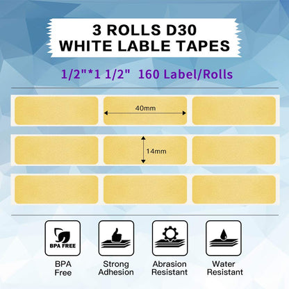 Phomemo 3 rouleaux d'étiquettes en poudre d'or papier pour thermiques autocollantes,14mm*40mm,compatible avec Phomemo D30 l'imprimante d'étiquettes.160 / rouleau,3 rouleaux(poudre d'or transparente)