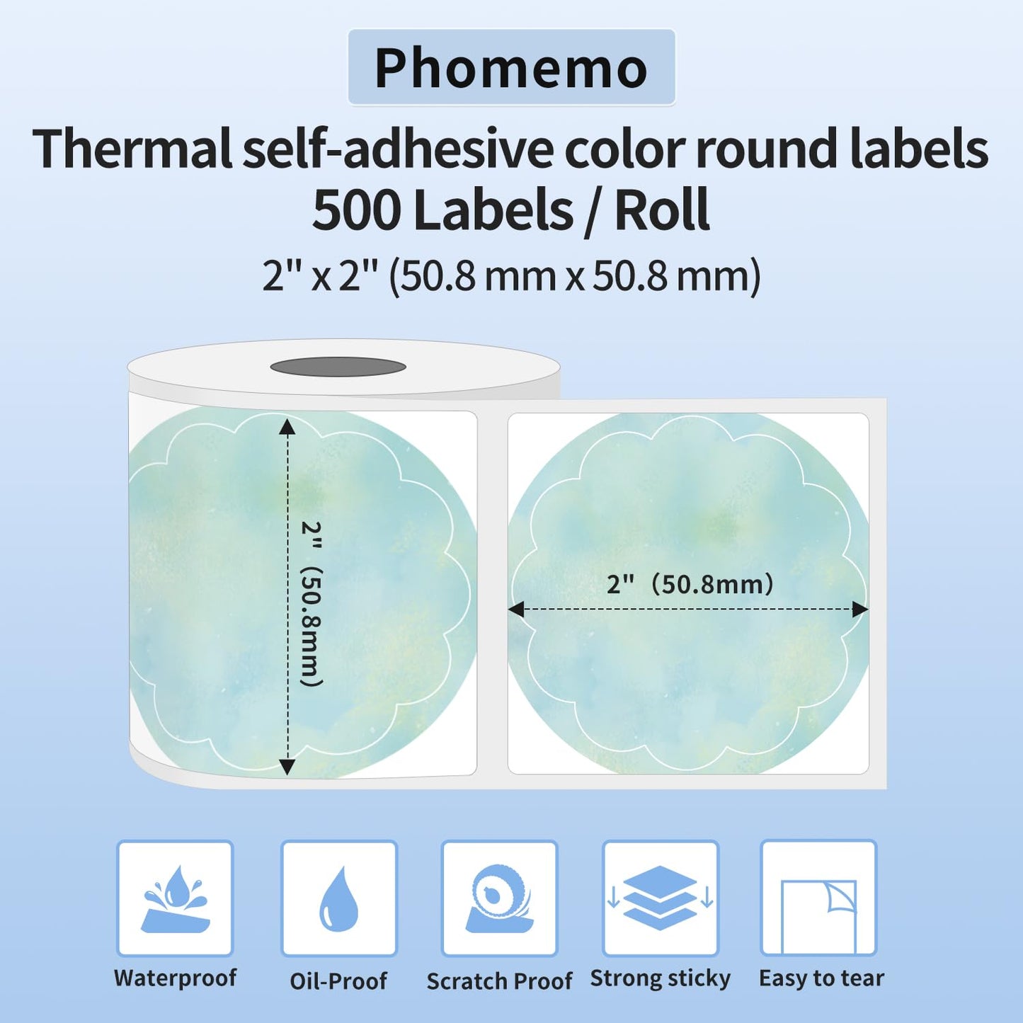 Phomemo Thermal Star Color Labels Étiquettes autocollantes multifonctions, 50 x 50 mm, étiquettes rondes colorées, étiquettes vertes étoiles, 500 étiquettes/rouleau