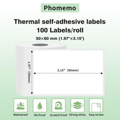 Phomemo 6 Rollen M110 Etikett, 6 Rollen M110/M110S/M120/M200/M220/M221 Thermopapier – 1.97''x3.15''(50x80mm) Etikett quadratisches Mehrzweck-Etikett, selbstklebend, 100 Etiketten/Rolle（6 Rollen）