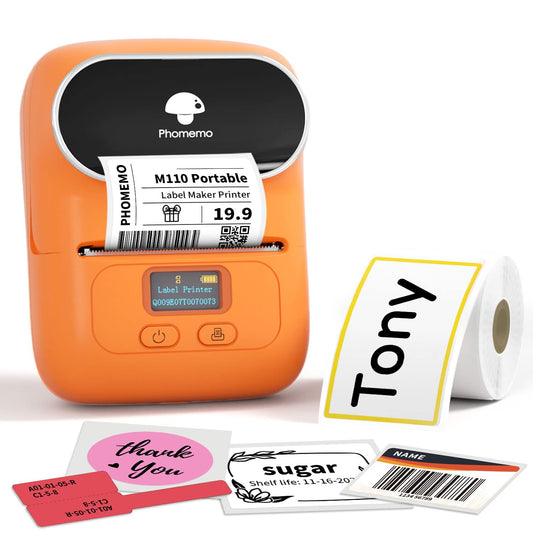 Label Maker, Label Maker Machine with Tape Phomemo M110, Bluetooth Label Printer with Multiple Icons Fonts, Mini Portable Thermal Sticker Printer Apply to Labeling, Office, Cable, Retail, Barcode