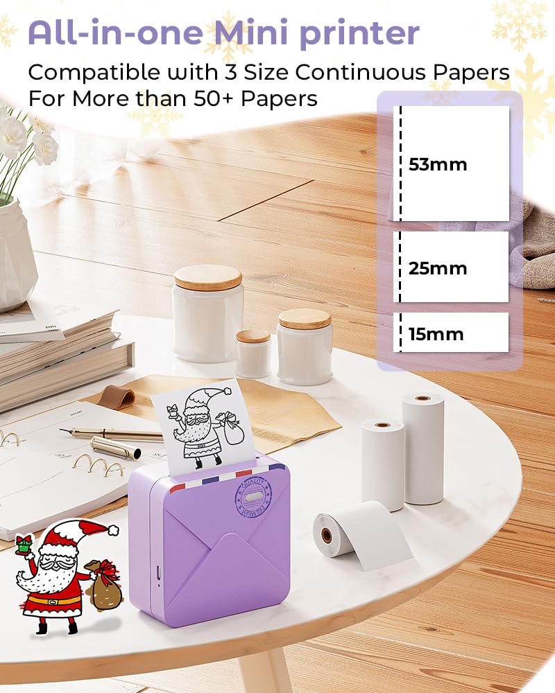 Phomemo Pocket Printer- 300dpi Bluetooth Inkless Mini Phone Printer- Note Printer for DIY Creation, Photo Printing, Study Notes, with Total 6 Rolls Paper, Purple