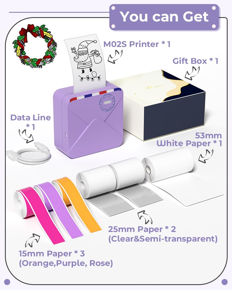 Phomemo Pocket Printer- 300dpi Bluetooth Inkless Mini Phone Printer- Note Printer for DIY Creation, Photo Printing, Study Notes, with Total 6 Rolls Paper, Purple