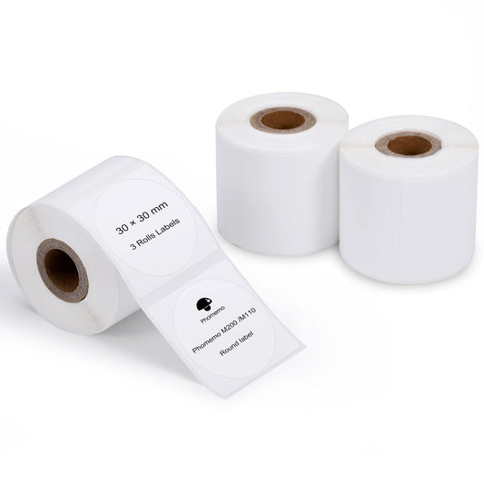 Phomemo 3 rollos Etiquetas redondas M110 Etiqueta térmica autoadhesiva Redondas Multifunción,1,18''x1,18''(30x30mm),Adecuada para la Phomemo M110 M200 M120 M220 M221,200 etiquetas/rollo