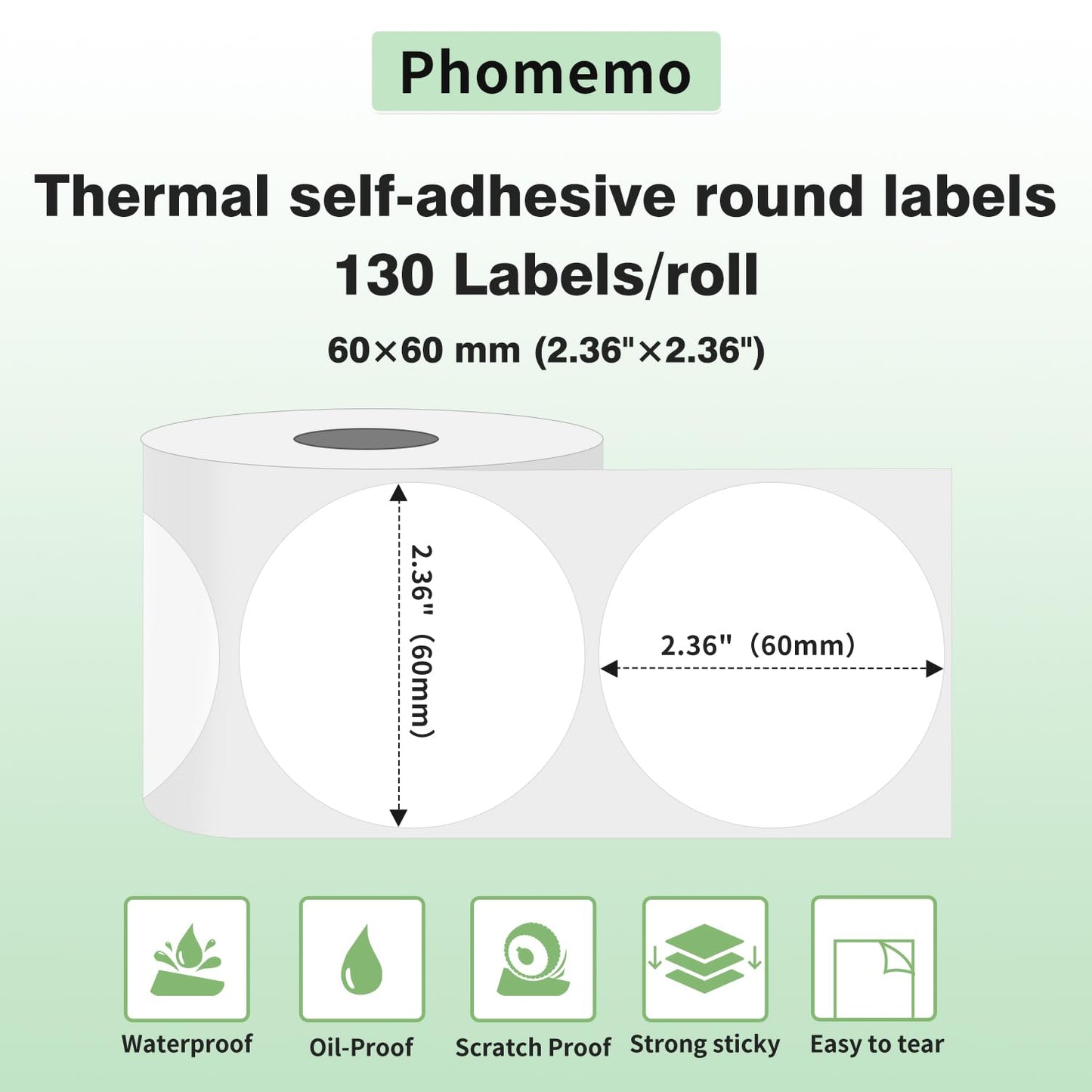 Phomemo ¨¦tiquette Ronde M220 ¨¦tiquette thermique Autocollantes Ronde,2,36''x2,36'' (60x60mm), Compatible avec l'¨¦tiqueteuses Phomemo M200 M220 M221,130 ¨¦tiquettes/rouleau,¨¦tiquette Ronde