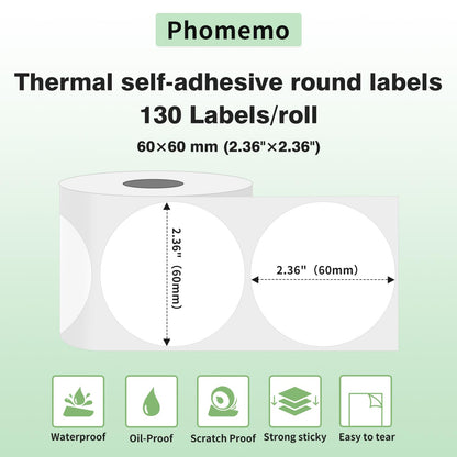 Phomemo ¨¦tiquette Ronde M220 ¨¦tiquette thermique Autocollantes Ronde,2,36''x2,36'' (60x60mm), Compatible avec l'¨¦tiqueteuses Phomemo M200 M220 M221,130 ¨¦tiquettes/rouleau,¨¦tiquette Ronde