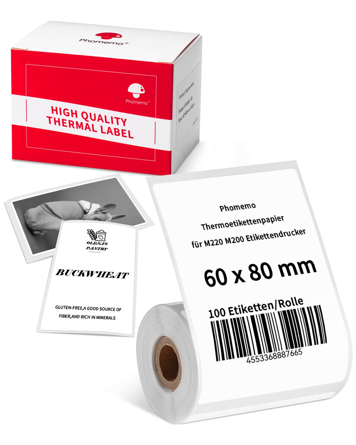 Phomemo thermal labels, multifunctional adhesive label, thermal label paper, compatible with label printers M220 and M200, for warehouse, address label, 60 x 80mm (2.35 x 3.14 inch), 100 labels/roll