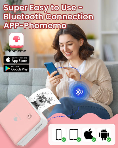 Phomemo Sticker Printer- M02 Pro 300dpi Mini Printer Pocket Phone Printer Mini Photo Printer Thermal Printer for Study Notes, Organization, Art Creation, Gift, Pink