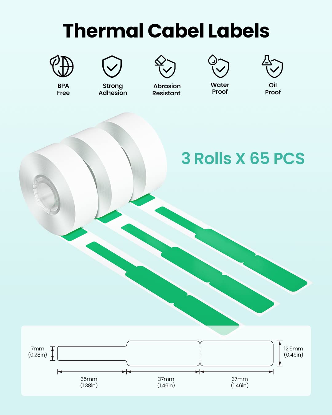 Phomemo Rotolo di carta per stampante termica D30, 12,5 x 74 + 35 mm, per la rivendita di supermercati, 3 rotoli, verde