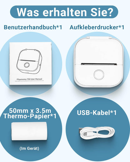 Phomemo Mini-printer, T02 fotoprinter voor smartphone, mobiele telefoonsticker, thermische printer voor iOS en Android, draagbare sticker, bluetooth-printer, kleine printer voor organizer, tieners,