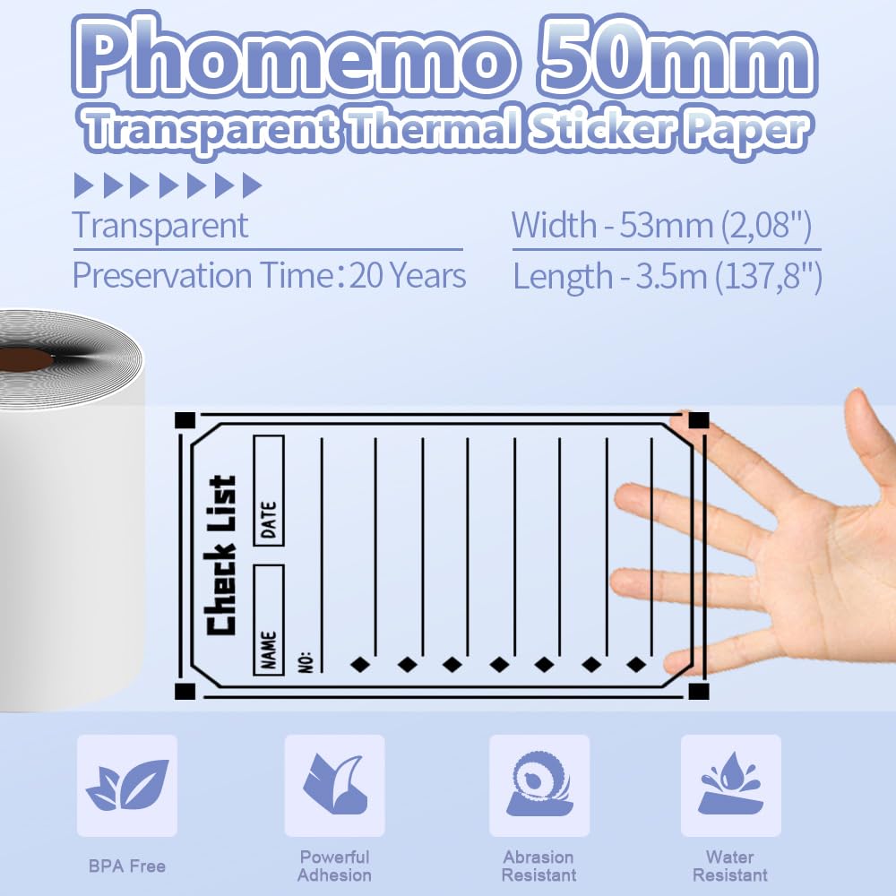 Phomemo T02/M02X/M02L Transparent Sticker Paper - 3 Rolls of Self-Adhesive Thermal Printer Paper, 53mm x 3.5m, 10 Years Preservation, Black on White for Phomemo T02/M02X/M02L Pocket Printer