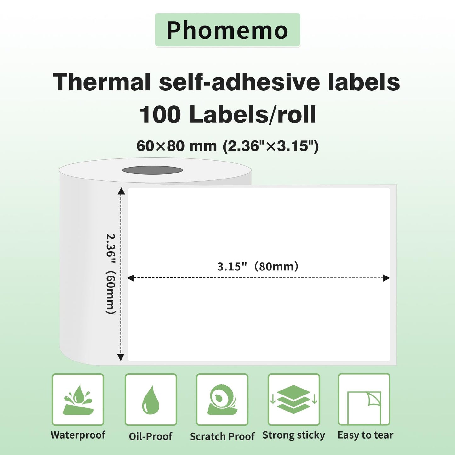 Phomemo Thermoetikett, selbstklebendes Etikett,60mm¡Á80mm, kompatibel mit dem Phommeo M200 M220 M221 Etikettendrucker, geeignet f¨¹r B¨¹ro,Lager,Transport.100 Etiketten pro Rolle(wei?es Etikett)