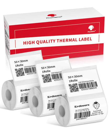 Phomemo 3 rollen labelpapier voor M120/M220/M110/M200/M221 labelmaker machine, multifunctioneel zelfklevend label voor barcode, naam, prijs, adres enz., 50 x 30 mm, totaal 3 rollen