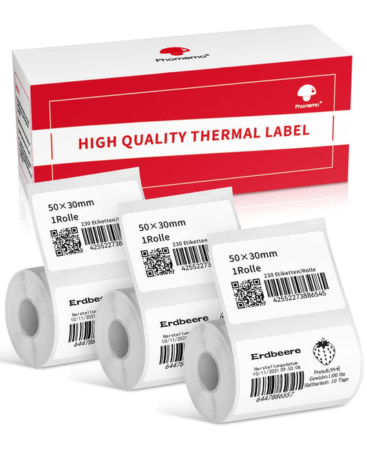Phomemo 3 rollen labelpapier voor M120/M220/M110/M200/M221 labelmaker machine, multifunctioneel zelfklevend label voor barcode, naam, prijs, adres enz., 50 x 30 mm, totaal 3 rollen