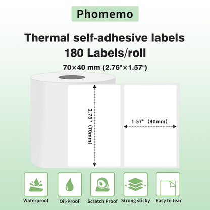 Phomemo ¨¦tiquette M220 ¨¦tiquette thermique Auto-adh¨¦sive, ¨¦tiquettes thermiques multifonctions, 2,76''x1,57'' (70x40mm),Compatible avec l'¨¦tiqueteuse Phommeo M200 M220 M221,180 ¨¦tiquettes/rouleau