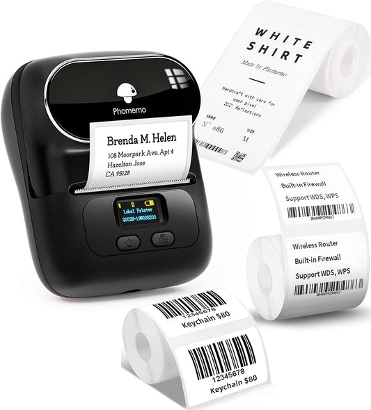 Phomemo Stampante di etichette M110, set di 3 rotoli di etichette, etichettatrice autoadesiva per telefono e PC, stampante di etichette Bluetooth, per casa, ufficio e piccole imprese.
