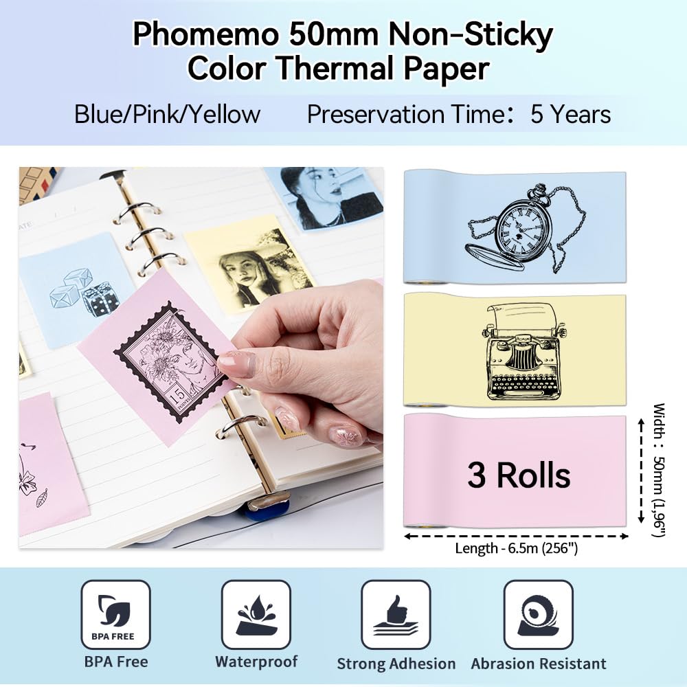 Phomemo T02/M02X/M02L Farbig Papier ¨C 3 Rollen Nicht Klebendes Farbiges Thermopapier, 53 mm x 6,5 m, 5 Jahre Konservierung, Schwarz auf Blau/Rosa/Gelb f¨¹r Phomemo T02/M02X/M02L Taschendrucker