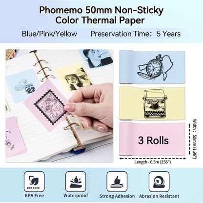 Phomemo T02/M02X/M02L Farbig Papier ¨C 3 Rollen Nicht Klebendes Farbiges Thermopapier, 53 mm x 6,5 m, 5 Jahre Konservierung, Schwarz auf Blau/Rosa/Gelb f¨¹r Phomemo T02/M02X/M02L Taschendrucker