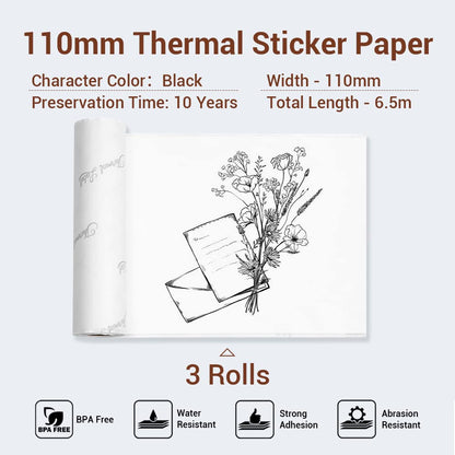Phomemo 110 mm Papier autocollant thermique adhésif, compatible avec l'imprimante portable Phomemo M04S, 110mm x 3,5m (4,33 ''x 138''), pour journaux de bricolage, éducation, autocollants, 3 rouleaux