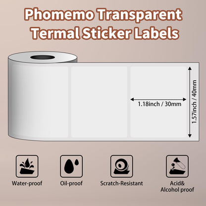 3 Rollen Phomemo M110/M220 Etiketten, Transparent 1.57''x 1.18'' (40 x 30 mm) Thermoetikettenpapier f¨¹r Phomemo M120/M110/M200/M220 Etikettendrucker, Thermoetikett, Thermopapier, 230 Etiketten/Rolle