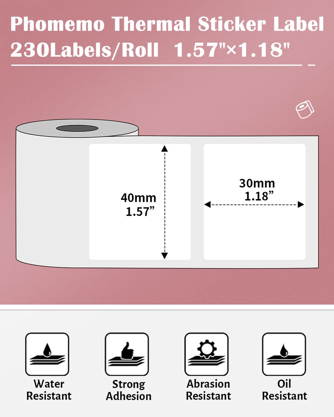 Multi-Purpose Square Self-Adhesive Label for Phomemo M110/M120/M200/M220/M221,1.57''x1.18''(40x30mm),230 Labels/Roll, Black on White