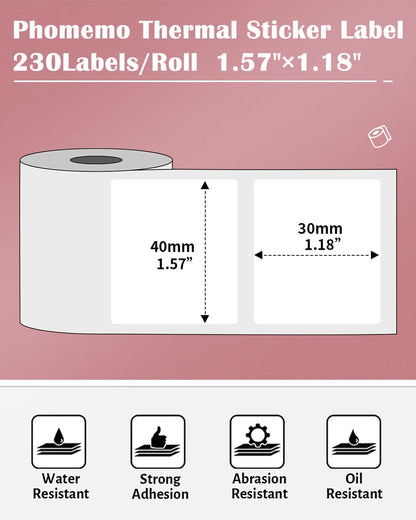 Multi-Purpose Square Self-Adhesive Label for Phomemo M110/M120/M200/M220/M221,1.57''x1.18''(40x30mm),230 Labels/Roll, Black on White