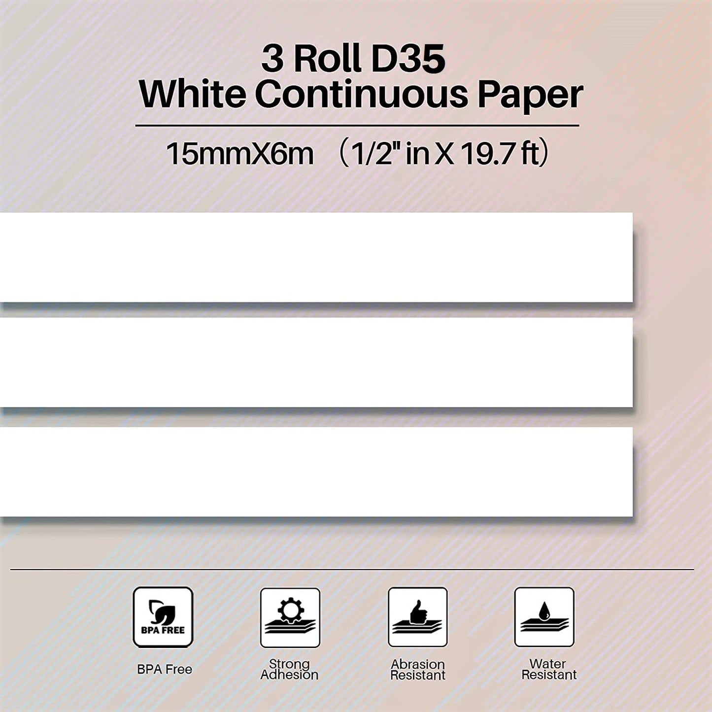 Phomemo 3 Roll D30/D35 Adhesive White Continuous Thermal Label Paper 1/2 in X 20 Ft (15mm X 6m) Black on White, for Phomemo D30/D35 Label Maker for Home Office School Organization, Gift for Decoration